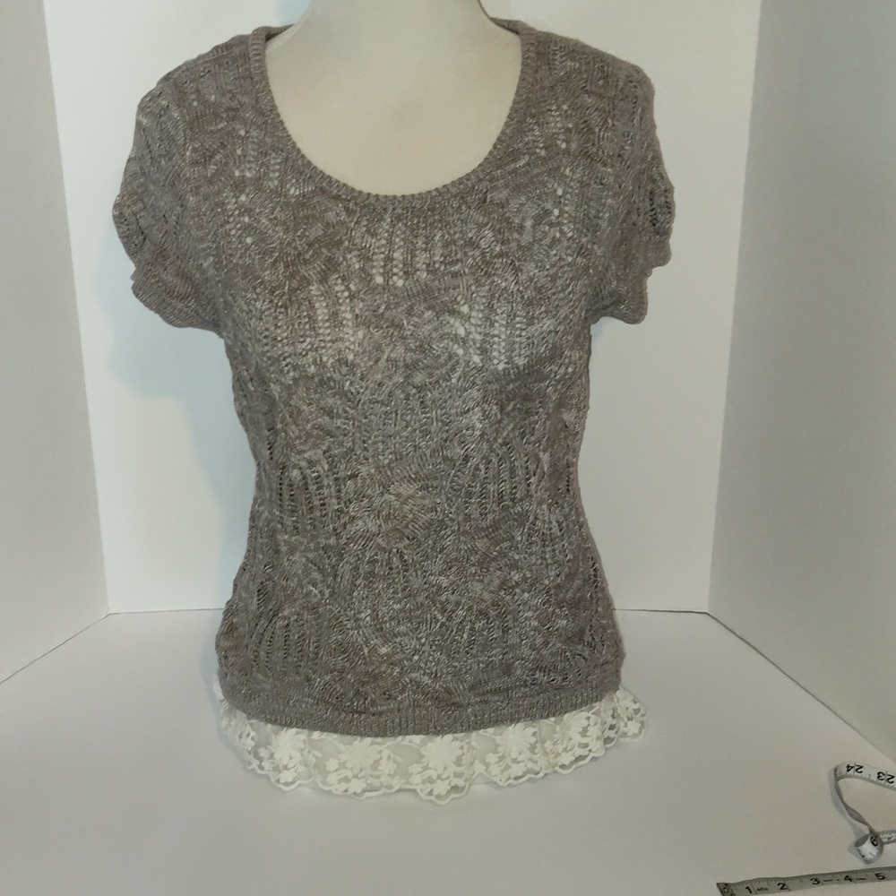 INC Lace Trim Short Sleeve Open Knit Sweater Womens Size Large Y2K